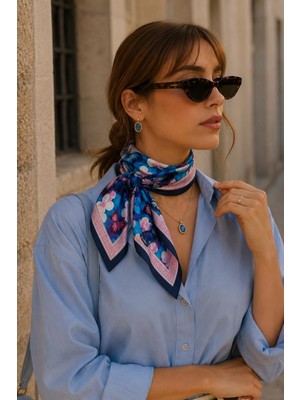 Afvente Çiçek Desen Saks Mavisi-Pembe Soft Bandana Fular 50X50 cm