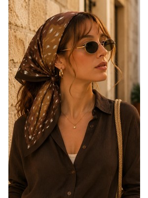 Afvente Ceylan Desen Kahve-Taba Soft Bandana Fular 50X50 cm