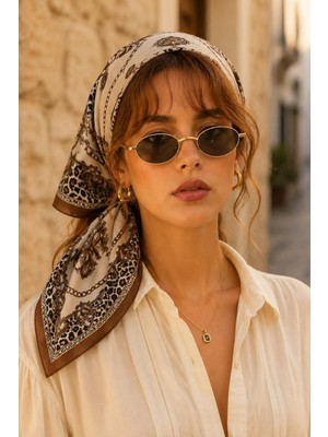 Afvente Leopar Zincir Desen Kahve-Bej Soft Bandana Fular 50X50 cm