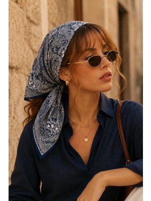 Afvente Motif Desen Gece Mavisi Soft Bandana Fular 50X50 cm