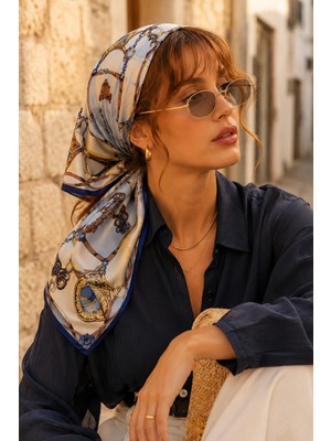 Afvente Binici Desen Lacivert-Krem Soft Bandana Fular 50X50 cm