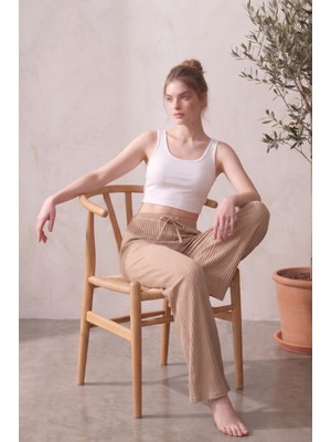 Farya Home Yüksek Bel Bol Paça Şeritli Kaşkorse Yazlık Pijama Altı