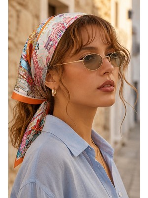 Afvente Şehir Temalı Zürafa Desen Turuncu Soft Bandana Fular 50X50 cm