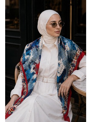 Afvente Şato Bahçe Desen Kırmızı-Mavi Soft Fular Eşarp 90X90 cm