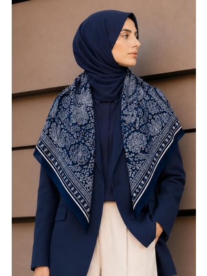 Afvente Şal Desen Lacivert-Krem Soft Fular Eşarp 90X90 cm