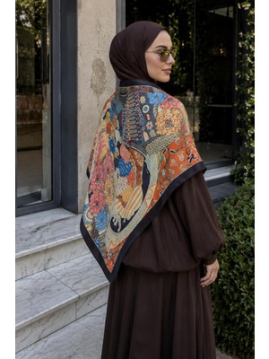 Afvente Şato Bahçe Desen Kırmızı-Mavi Soft Fular Eşarp 90X90 cm