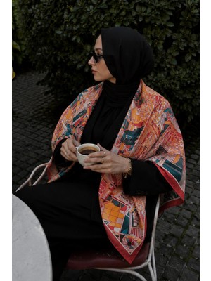 Afvente Modern Şehir Desen Pembe-Turuncu Soft Fular Eşarp 90X90 cm