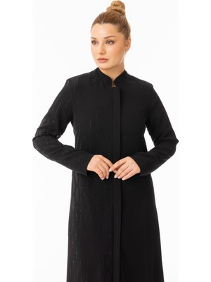 Zerenay Moda 5603 Önden Gizli Düğmeli Fermuarlı Omzu ve Ön Kısmı Damla Desenv Taş Detaylı Krep Ferace#26#