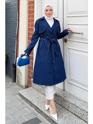Missvalle Kuşak Detaylı Denim Trençkot Koyu Mavi 19320
