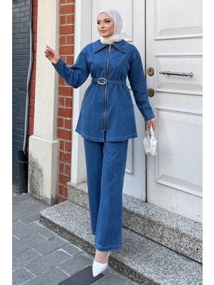 Missvalle Kemer Detaylı Fermuarlı Denim Takım Açık Mavi 19298