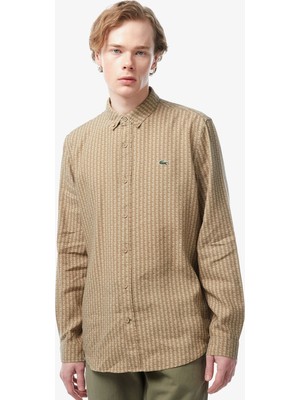 Lacoste Men's Regular Fit Monogram  Button-Down Collar Linen Shirt Erkek Düğmeli Yaka Ekose Keten Gömlek Bej