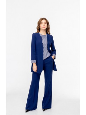 Çınar Özkan 2653  Katlanabllir Kollu Sıfır Yaka Iç Bluz Zebra Desenli Sıfır Kol 3 Lü Blazer Takım