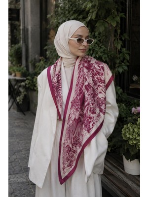 Afvente Tropikal Kuş Desen Fuşya-Krem Soft Fular Eşarp 90X90 cm