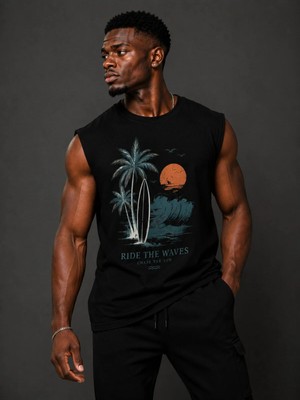 Enb1r Moda Erkek Sıfır Kol Atlet Surf Baskılı Bisiklet Yaka Streetwear Yazlık Günlük Spor