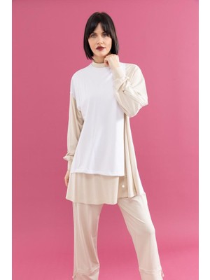Perfect 25103 Sıfır Yaka En Alt Detayı ve Kol Ucu Lastikli Pantolonun Beli Lastikli Iki Renkli Spor Takım #02-25#