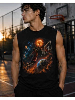 Enb1r Moda Oversize Sıfır Kol Basketbol Uzay Dünya Güneş Grafik Baskılı Streetwear Spor Atlet