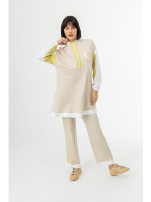 Perfect 25106 Önü Yarım Fermuarlı Yakası ve Kol Ucu Lastikli Göğsü Taş ve Motif Detaylı Pantolonun Beli Lastikli Oversize Spor Ikili Takım #02-25#