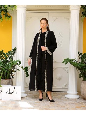 Gazella 42923 Büyük Beden Iç Bluz Sandy Kumaş Dış Kısım Şifon Kol Ucu ve Kenar Kısımları Gold Işlemeli Ikili Abaya