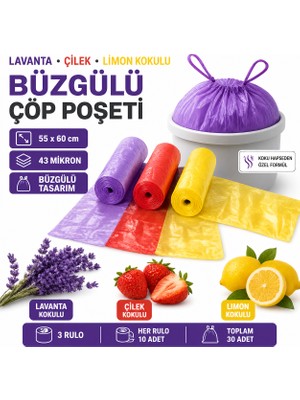 Akalın Professional Cleaning Products Büzgülü Çöp Torbası Orta Boy 55X60 cm 3' Lü Eko Paket Lavanta-Çilek-Limon Kokulu
