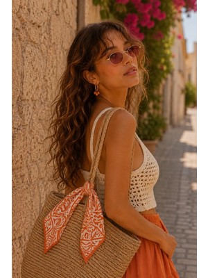 Afvente Etnik Okyanus Desen Turuncu-Krem Soft Bandana Fular 50X50 cm