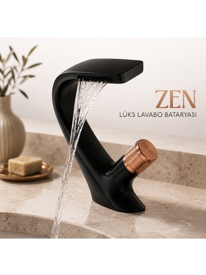 Badem10 Zen Şelale Tipi Kısa Lavabo Bataryası Mat Siyah & Rose Gold Lüks Tasarım Pirinç Gövde 20 cm Banyo