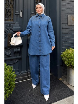 Missvalle Luna Taş Işlemeli Denim Takım Açık Mavi 19401