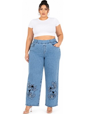 Zanessi Büyük Beden Denim Taşlı Yüksek Bel Bol Paça Kadın Pantolon