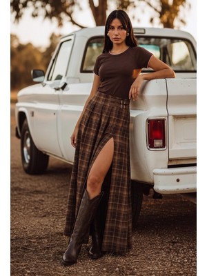 It's Basic Kadın Kahve Ekose W6-35 Maxi Boy Kemer Detaylı Özel Tasarım Etek
