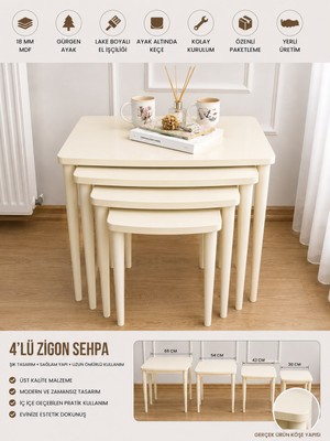 Home Başaran Mobilya Üst Kalite Mdf 4'lü Boyalı Krem Zigon Sehpa Krem Zigon