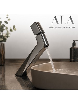 Badem10 Ala Parlak Füme Lüks Lavabo Bataryası | Modern Tasarım | 22 cm Pirinç Gövde Premium Banyo Batarya