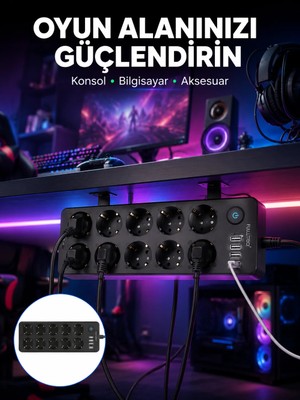 Sibelora Home USB ve Type-C Çıkışlı 10'lu Akım Korumalı Çoklu Priz Güç Dağıtıcı