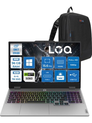 Lenovo Loq 15IRX10 Intel Core I7-13645HX 96GB Ddr5 4tb SSD +4tb SSD 8GB/RTX5060 100W 15.6" Fhd (1920X1080) IPS 300NITS 100% Srgb, 144Hz, WINDOWS11HOME Gaming Laptop 83JE01CXTRH48+ZETTAÇANTA