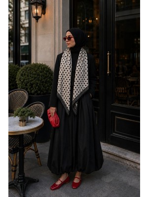 Afvente Minimal Puantiye Desen Siyah-Ekru Soft Fular Eşarp 90X90 cm