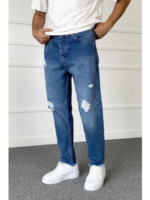 Alışveriş Sokağı Yırtık Detaylı Boyfriend Mavi Jean - Kot Pantolon