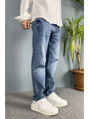 Alışveriş Sokağı Mavi Yırtık Detaylı Jean Denim - Boyfriend Kot Pantolon