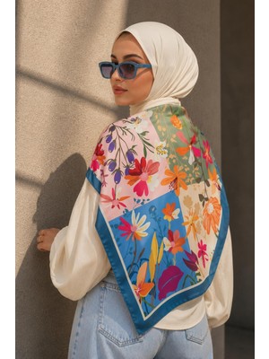 Afvente Patchwork Çiçek Bahçesi Desen Mavi-Pudra Soft Fular Eşarp 90X90 cm