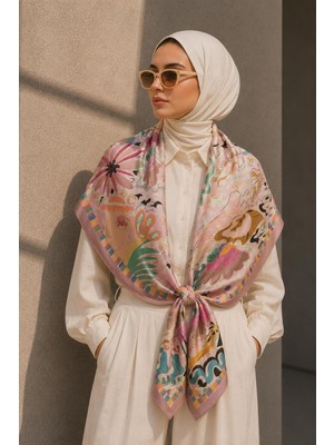 Afvente Soyut Bahçe Desen Pudra-Mint Soft Fular Eşarp 90X90 cm
