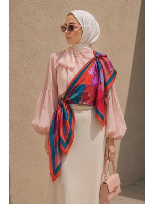 Afvente Dört Parça Çiçek Desen Mercan-Lila Soft Fular Eşarp 90X90 cm