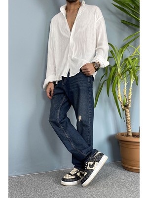 Alışveriş Sokağı Baggy Kalıp Lacivert Denim Jean - Kot Pantolon Yırtık Detaylı