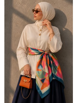 Afvente Modern Geometrik Desen Mercan-Yeşil Soft Fular Eşarp 90X90 cm