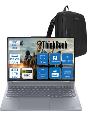 Lenovo Thinkbook 16P Gen 6 Intel Core Ultra 7 255HX Aı 128GB Ddr5 4tb SSD 8GB/RTX5060 115W 16" 3.2k (3200X2000) IPS 500NITS 100% Dcı-P3, 165Hz Freedos Gaming Laptop 21R0004BTXF55+ZETTAÇANTA