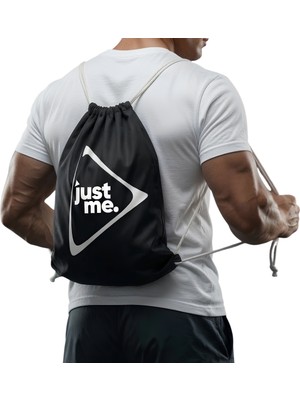 Just Nutrition Just İpli Bez Spor Çantası Siyah Büzgülü Sırt Çantası Beyaz Askılı Baskılı Spor Çantası