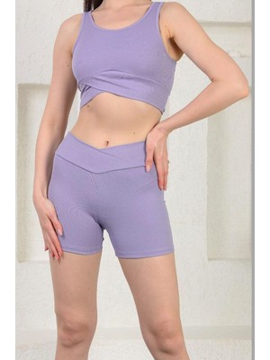 Alışveriş Sokağı Fitilli Büstiyer ve Şort Spor Takım Lila Renk