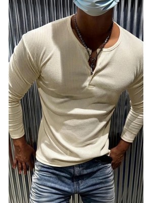Oksit Mecho Erkek Slim Fit Likralı Henley Yaka Uzun Kollu Tişört - Düğmeli Esnek Kumaş