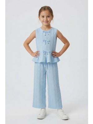 Cansın Mini Mavi Sıfır Kol Fiyonklu Bluz Geniş Paça Pantolonlu Kız Çocuk 2li Takım 24713