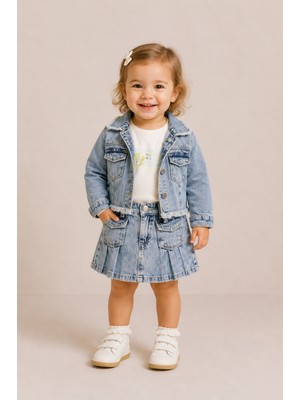 NK 01-04 Yaş Kız Bebek Kot Etek Ceket Takım - Kot Mavisi