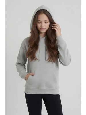 Cansın Mini Gri Kız Çocuk Kanguru Cepli Şardonlu Kapüşonlu Sweatshirt 24692