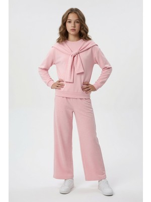 Cansın Mini Pembe Taşlı Fular Detaylı Badili Geniş Paça Pantolonlu Kız Çocuk Takım  24704