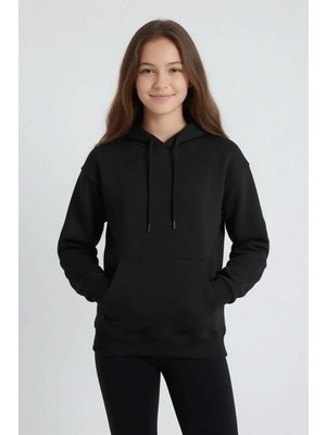 Cansın Mini Siyah Kız Çocuk Kanguru Cepli Şardonlu Kapüşonlu Sweatshirt 24687