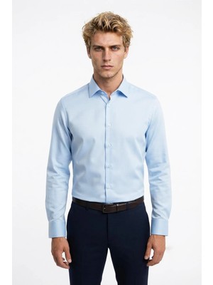 Uki Mavi Saten Slim Fit Klasik Gömlek